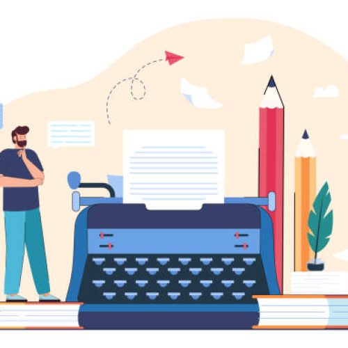 Tiny male author or screenwriter writing story or movie script. Screenplay writer, vintage typewriter with paper flat vector illustration. Creativity, journalism concept for banner or landing web page